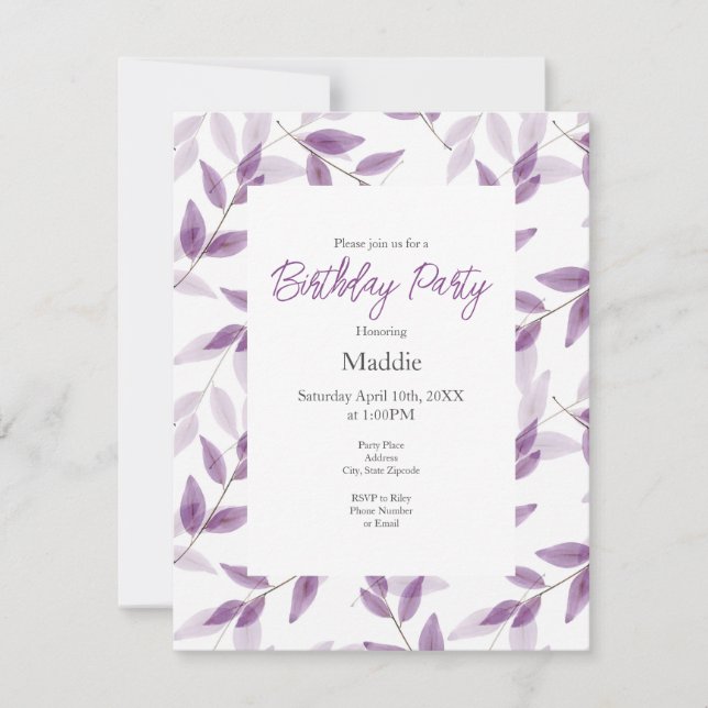 Invitation Motif de feuilles aquarelles superposées de prune (Devant)