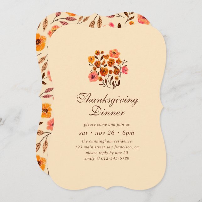 Invitation Motif de fleurs Citrouilles moderne Thanksgiving (Devant / Derrière)