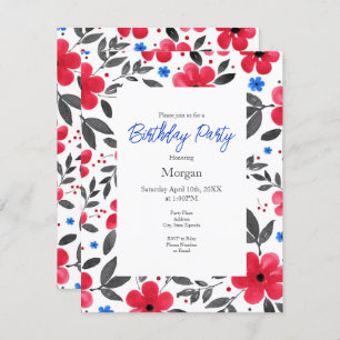 Invitation Motif de fleurs rouge, bleu, gris