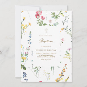 Invitation motif de fleurs sauvages aquarelle Baptême