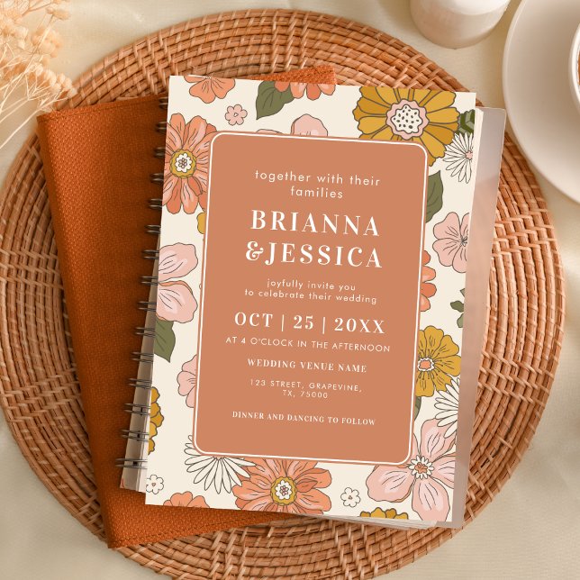 Invitation Motif de fleurs Super rétros Photo Monogramme Mari (Créateur téléchargé)