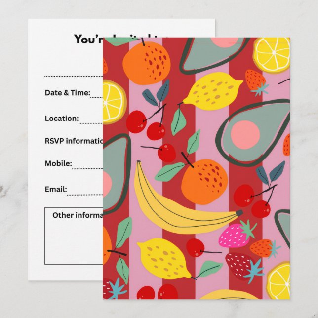 Invitation Motif de fruits à rayures rouges et roses  (Devant / Derrière)
