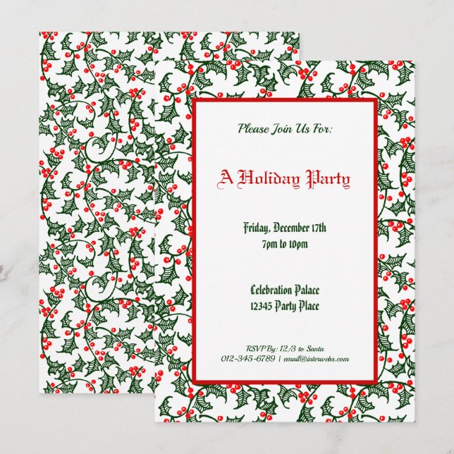 Invitation Motif de houx vert vacances Modifiable 4,5x6,25" (Devant / Derrière)