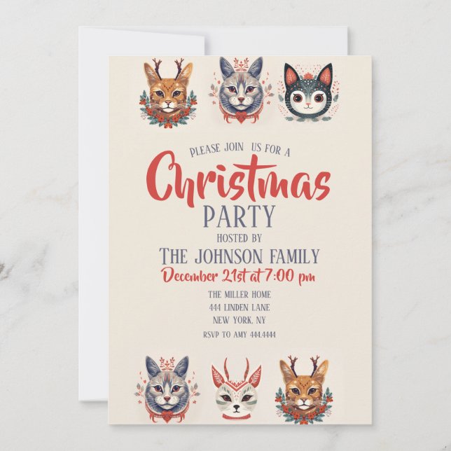 Invitation Motif de l'illustration du chat Reindeer de Noël (Dos)