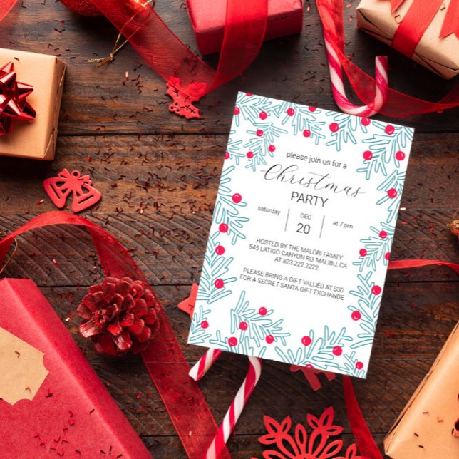 Invitation Motif de Noël à branches de pin modernes et baies  (Créateur téléchargé)