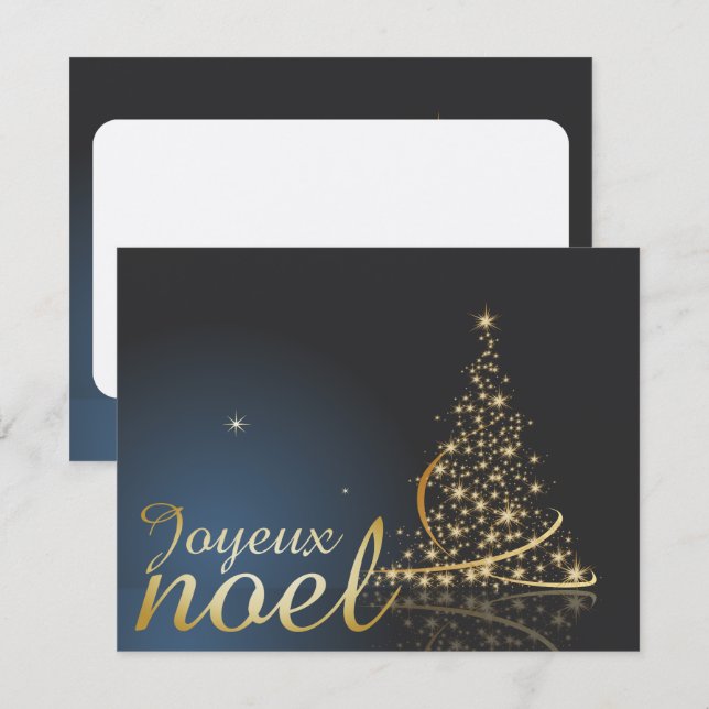 Invitation Motif de Noël bleu avec arbre de Noël doré (Devant / Derrière)