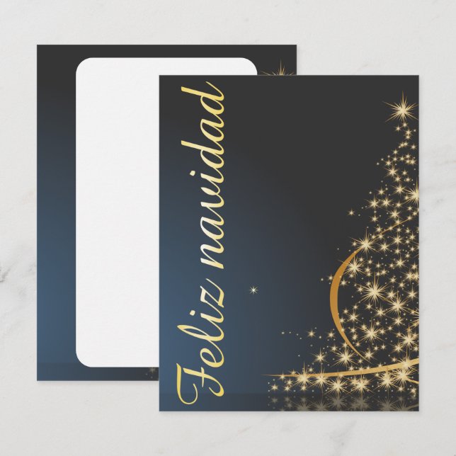 Invitation Motif de Noël bleu avec arbre de Noël doré. (Devant / Derrière)