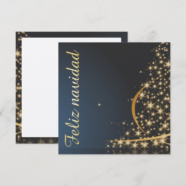 Invitation Motif de Noël bleu avec arbre de Noël doré. (Devant / Derrière)