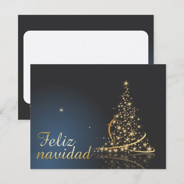 Invitation Motif de Noël bleu avec arbre de Noël doré. (Devant / Derrière)
