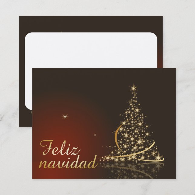Invitation Motif de Noël rouge avec arbre de Noël doré. (Devant / Derrière)