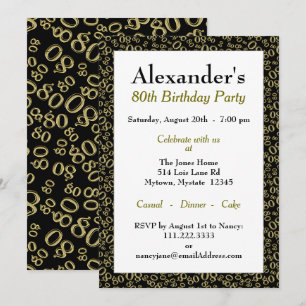 Invitation Motif de nombre aléatoire 80 Noir/Or 80ème