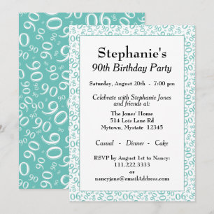 Invitation Motif de nombre aléatoire 90 Turquoise/Blanc 90ème