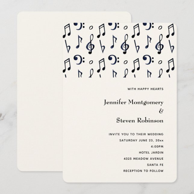 Invitation Motif de notes de musique mignonnes Mariage (Devant / Derrière)