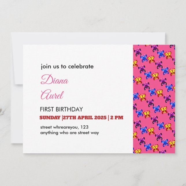 Invitation Motif de papillon pixel mignon sur fond rose vif (Dos)