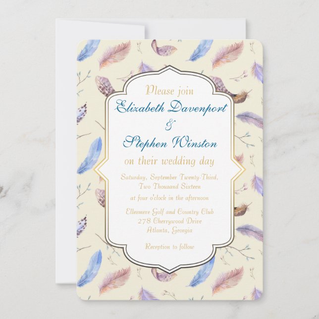 Invitation Motif de plume d'aquarelle et Mariage de trame de  (Devant)