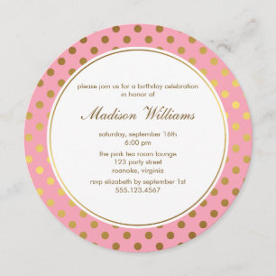 Invitation Motif de pois rose de feuille d'or de Faux