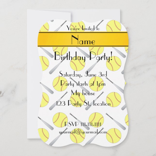 Invitation motif de softball blanc de nom personnalisé (Devant)