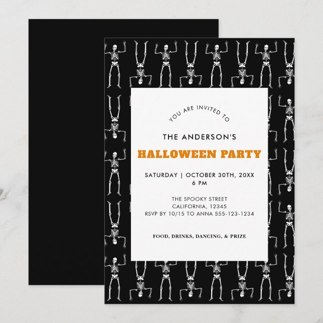 Invitation Motif de squelette effrayant pour une fête d'Hallo (Devant / Derrière)