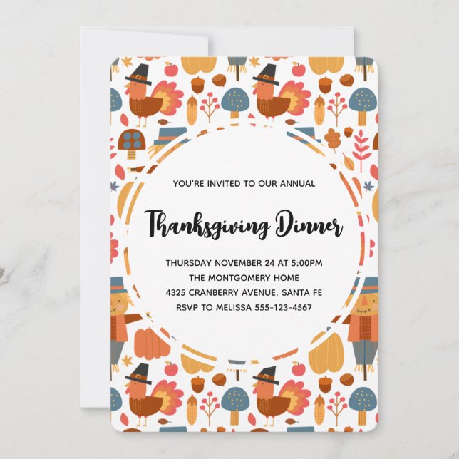 Invitation Motif de Thanksgiving avec dindes et épouvantails (Devant)