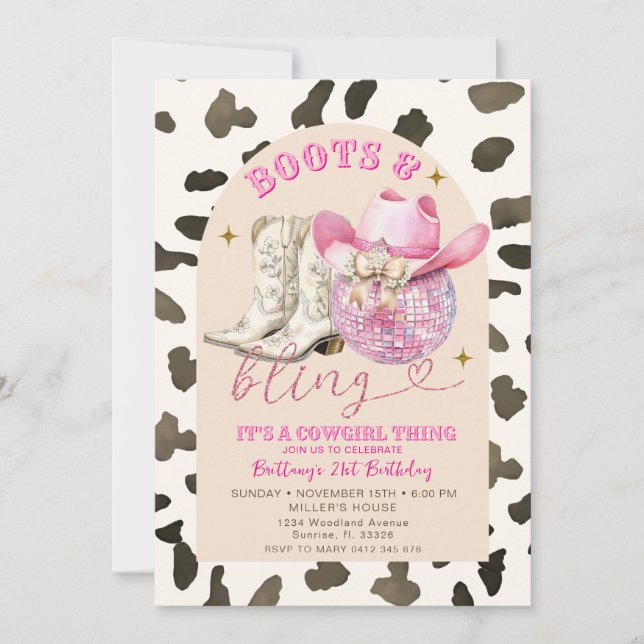 Invitation Motif de vache Bottes de l'Ouest et Bling Annivers (Devant)