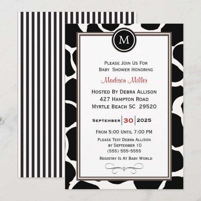 Invitation Motif de vache monogramme et Baby shower des rayur (Devant / Derrière)