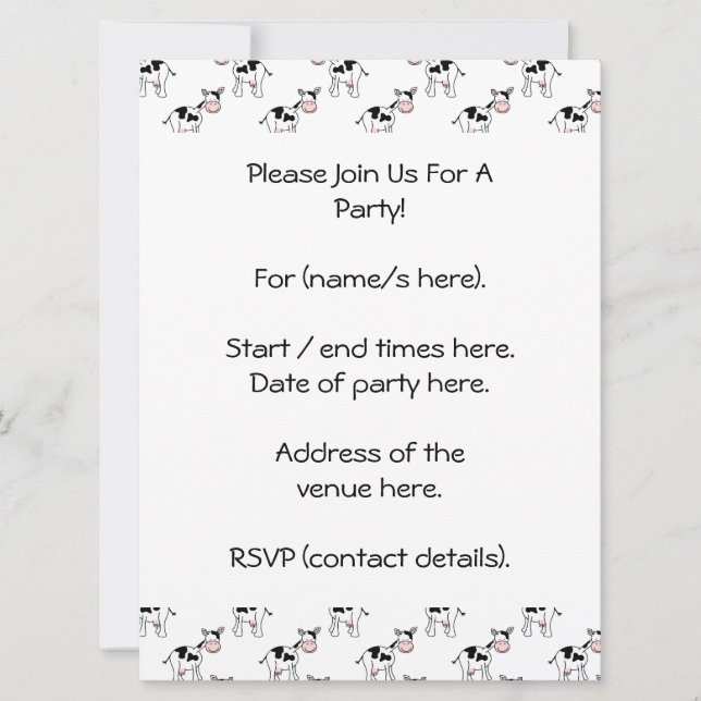 Invitation Motif de vache noir et blanc. (Devant)
