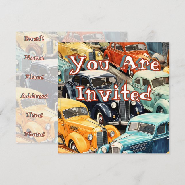 Invitation Motif de voitures anciennes (Devant / Derrière)