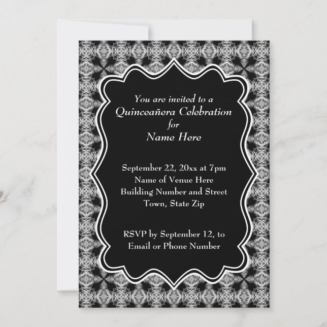 Invitation Motif décoratif noir et blanc Quinceanera (Devant)