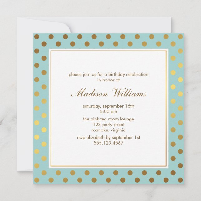 Invitation Motif des Pois Mint Faux Gold Foil (Devant)