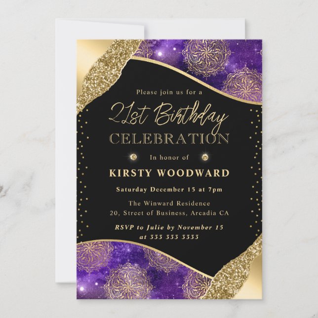 Invitation Motif Dharma Violet et Or 21e Anniversaire (Devant)