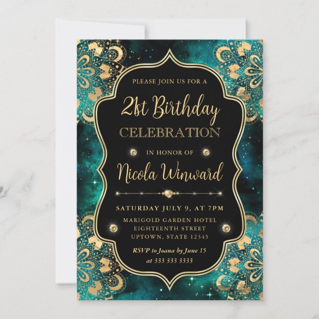 Invitation Motif Dharmique Vert et Or pour 21e Anniversaire (Devant)