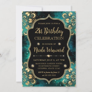 Invitation Motif Dharmique Vert et Or pour 21e Anniversaire