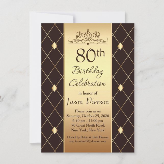 Invitation Motif diamant or sur brun 80e fête d'anniversaire (Devant)