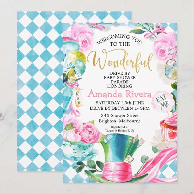Invitation Motif Drive By Parade Baby shower Wonderland (Devant / Derrière)