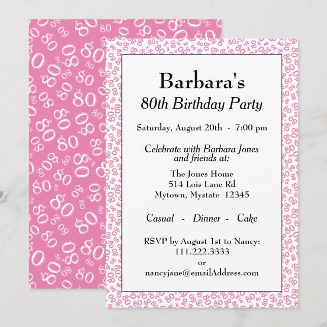 Invitation motif du numéro aléatoire rose/blanc du 80e parti (Devant / Derrière)