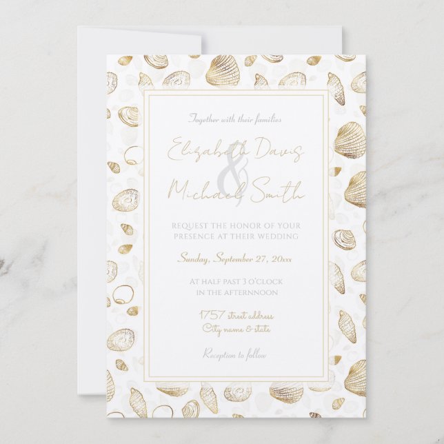 Invitation Motif élégant Gold White Seashells (Devant)