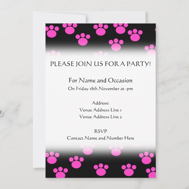 Invitation Motif Empreinte de patte noir et rose vif. (Devant)