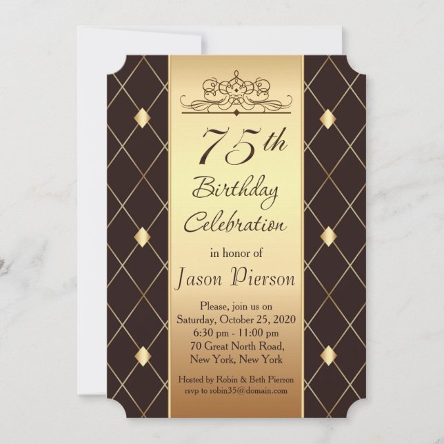 Invitation Motif en diamant d'or sur brun 75e anniversaire fê (Devant)