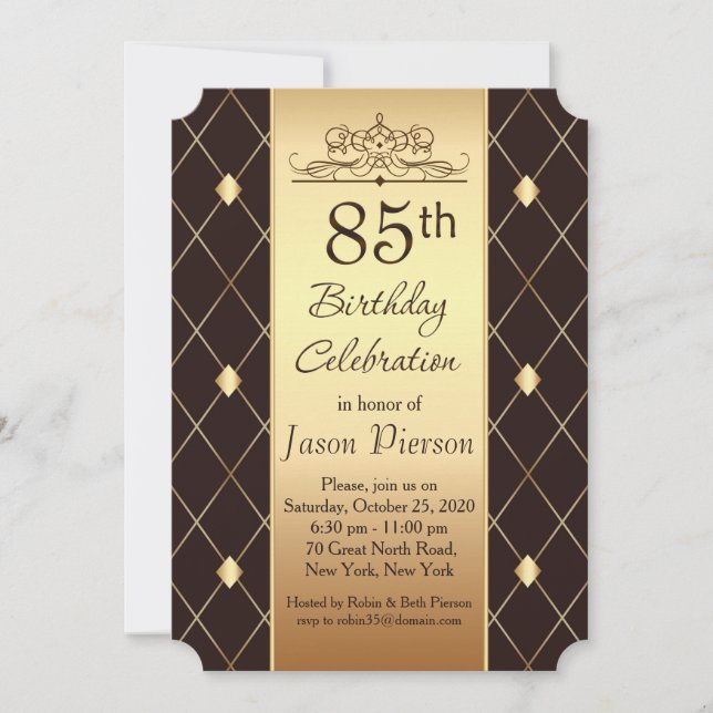 Invitation Motif en diamant d'or sur brun 85e anniversaire fê (Devant)