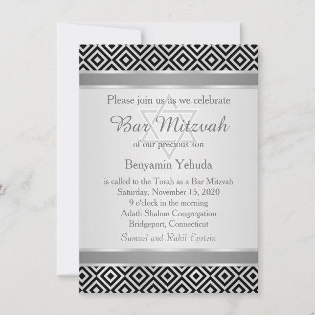 Invitation Motif en diamant noir argenté Bar Mitzvah Invitati (Devant)