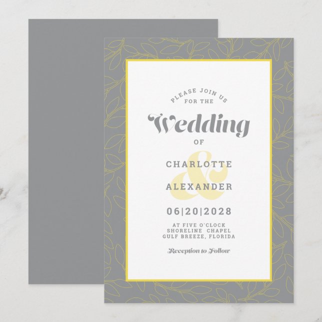 Invitation Motif Feuille Abstrait moderne | gris et jaune (Devant / Derrière)