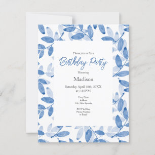 Invitation Motif Feuille d'aquarelle bleu