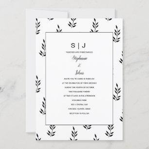 Invitation Motif feuille noir blanc Monogramme Nom Mariage
