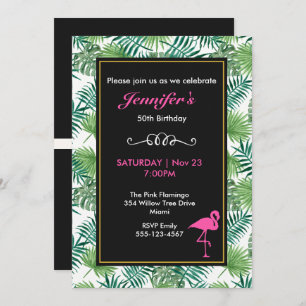 Invitation Motif Feuille tropical et Flamant rose rose Annive