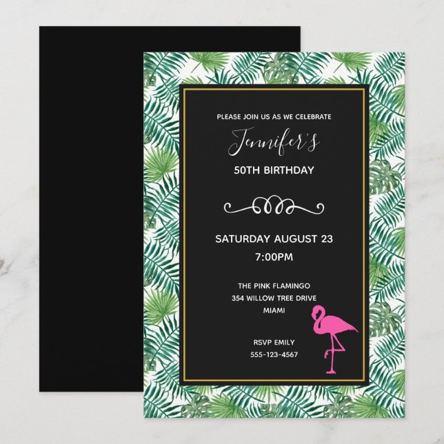 Invitation Motif Feuille tropical et Flamant rose rose Annive (Devant / Derrière)