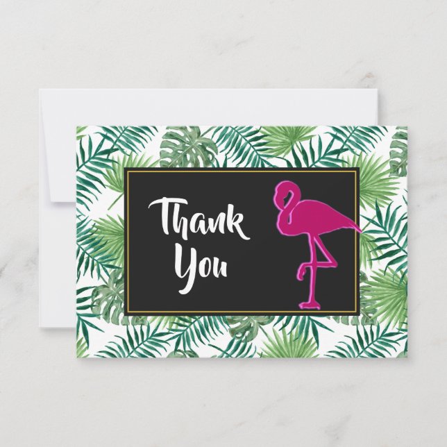 Invitation Motif Feuille tropical et Flamant rose rose Merci (Devant)