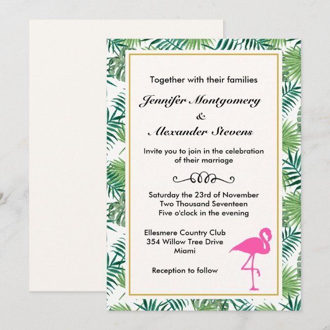 Invitation Motif Feuille tropical et Mariage de Flamant rose  (Devant / Derrière)