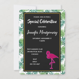 Invitation Motif Feuille tropical et parti Flamant rose rose
