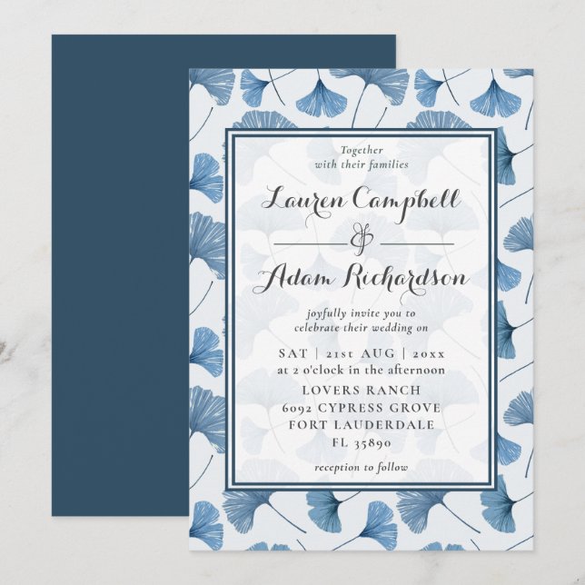 Invitation Motif Floral Aquarelle Bleu et Mariage blanc (Devant / Derrière)