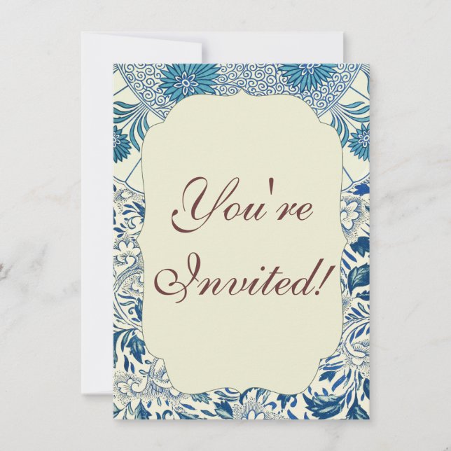 Invitation Motif Floral bleu Antique Design asiatique (Devant)